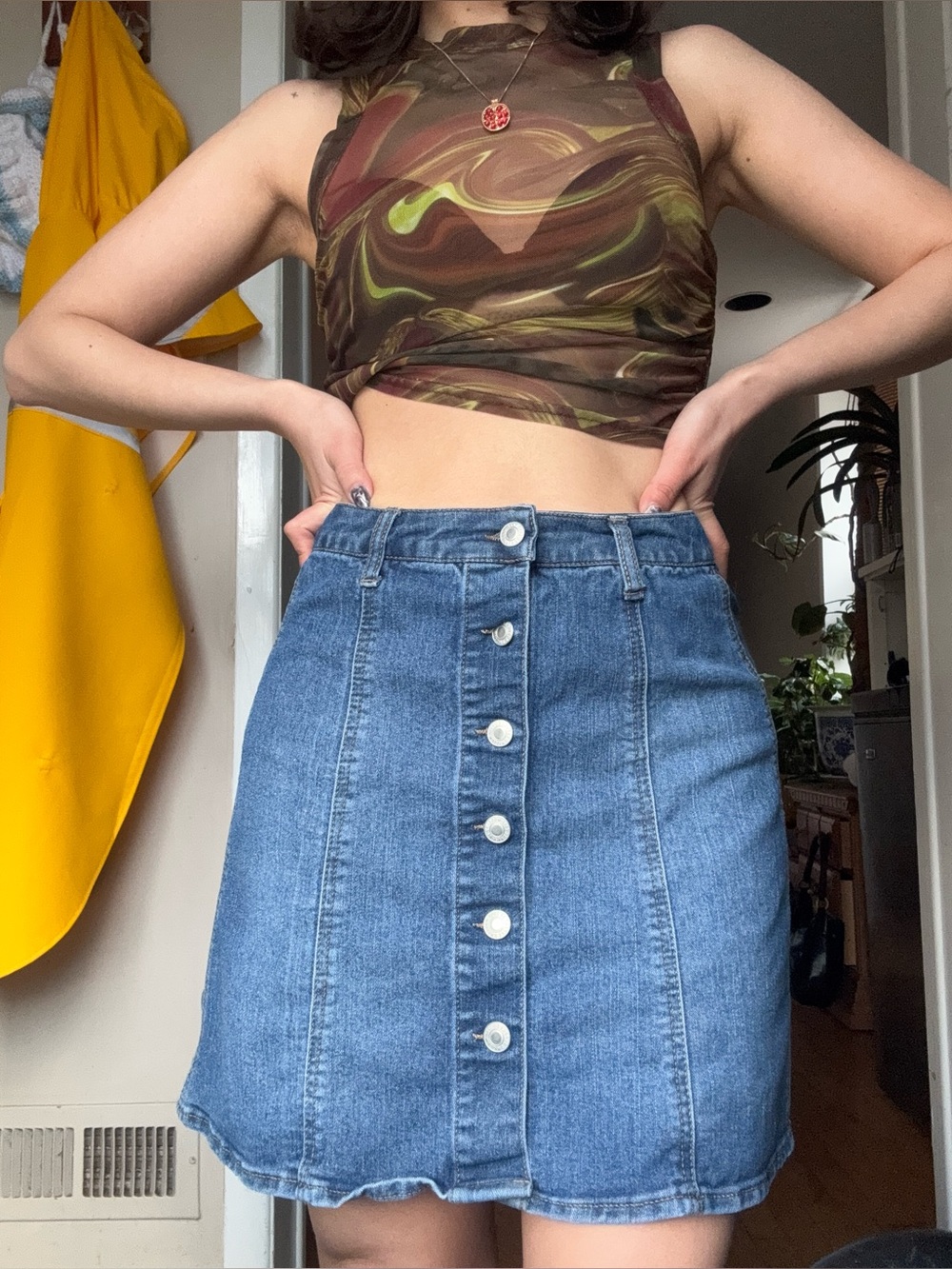 Button-Front Dark Blue Denim A-Line Skirt